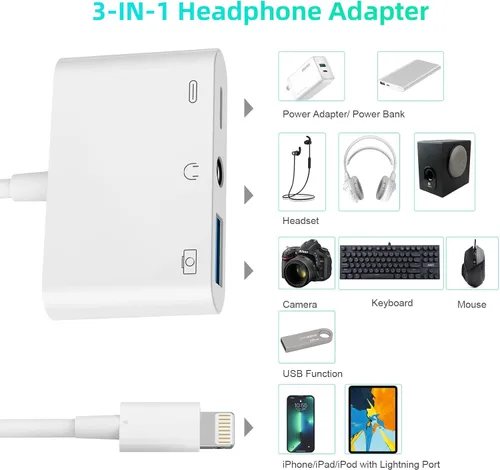 Vista 2 de Adaptador auxiliar Lightning USB 3 en 1