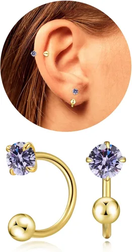 Vista 20 de Pequeños aretes de piedra natal natural de 0.118 pulgadas para mujeres, adolescentes y niñas, pequeños aretes de medio aro para cartílago