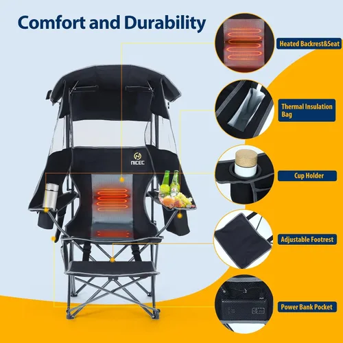 Vista 6 de Nice C Silla con toldo, silla de camping climatizada con batería, sillas de deportes al aire libre con sombra, sillas paraguas plegables con Paquete