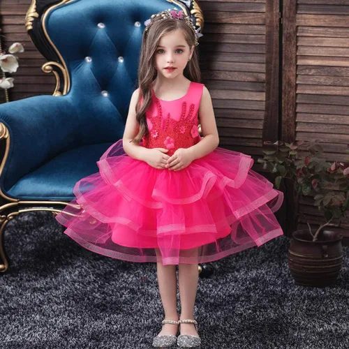 Vista 4 de Vestido de tul con flores para niñas pequeñas, vestido formal de fiesta de cumpleaños, vestido de fiesta de lentejuelas para desfiles, vestido tutú