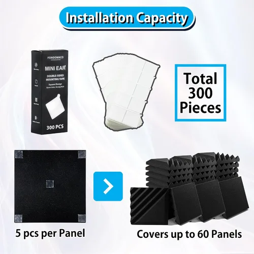 Vista 2 de FOROOMACO 300 Pack Mini Cinta de Montaje de Doble Cara Cuadrada Cinta Adhesiva de Alta Resistencia para Paneles de Espuma Insonorizantes, Decoración