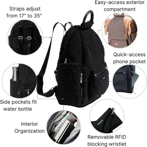 Vista 27 de Baggallini Mochila todo el día para mujer con pulsera de teléfono RFID, Negro, talla única
