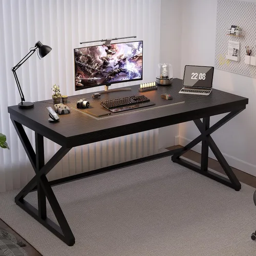 Vista 4 de IBF - Escritorio de oficina negro, moderno escritorio de metal de madera para computadora en oficina, 47 pulgadas