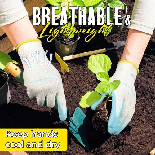 Vista 2 de HANDLANDY Guantes de jardinería para mujer, 3 pares de guantes de trabajo transpirables con revestimiento de nitrilo, el mejor regalo para mujeres