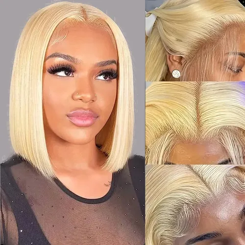 Vista 9 de Peluca Bob de 10 Pulgadas de Cabello Humano, Pelucas Frontales de Encaje HD 13x4 de Cabello Humano Pre-Desplumadas, Peluca Bob Corta, Pelucas