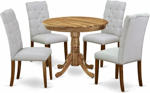 Vista 14 de East West Furniture ANEL3-ANA-05 Juego de mesa y sillas de cocina de 3 piezas contiene una mesa redonda de comedor con pedestal y 2 sillas Parsons
