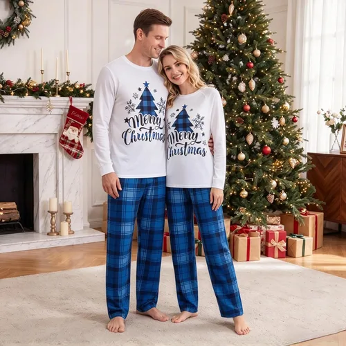 Vista 3 de Awoscut - Conjunto de pijamas navideños a juego, con estampado en la parte superior y pantalones a cuadros #B-7