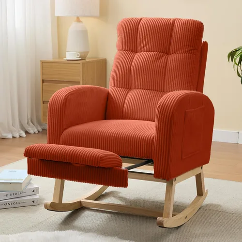 Vista 12 de NIOIIKIT Mecedora para guardería, mecedora tapizada de pana con reposapiés ajustable, silla mecedora copetuda con bolsillo lateral, mecedora café