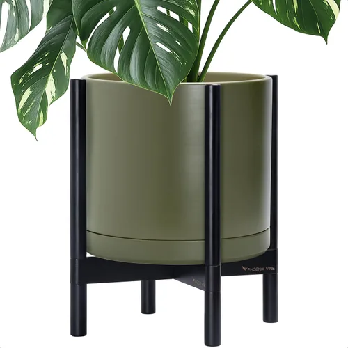 Vista 28 de D'vine Dev Maceta de cerámica con soporte de ébano – Maceta redonda moderna de 8 pulgadas con soporte para maceta de madera, color negro, 55-B-M-2