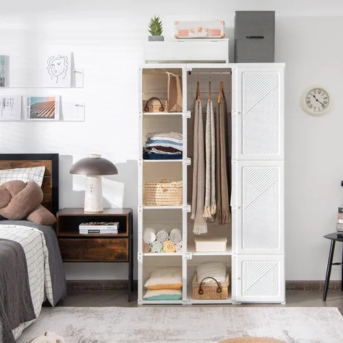 Vista 3 de Tangkula Armario Closet Portátil, Organizador de Ropa Plegable con Almacenamiento de Cubículos, Varillas para Colgar, Fácil de Ensamblar