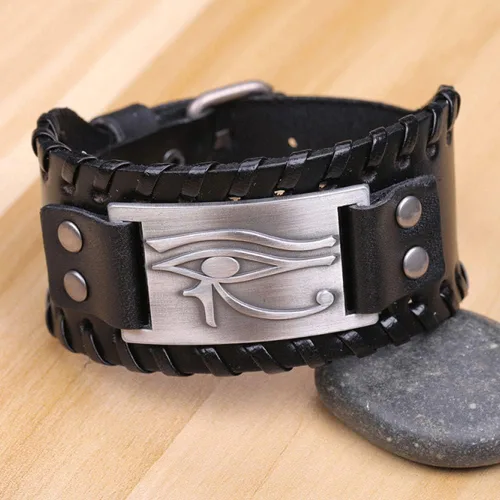 Vista 2 de TURTLEDOVE 2 pulseras de cuero Ojo de Horus - Pulsera de cuero de metal antiguo con amuleto egipcio
