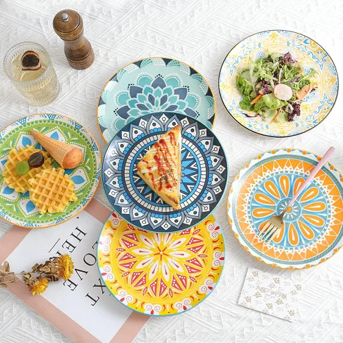 Vista 7 de Juego de platos de postre de cerámica de 6 a 8 pulgadas para ensalada y aperitivo, colores vibrantes para mezclar y combinar, aptos