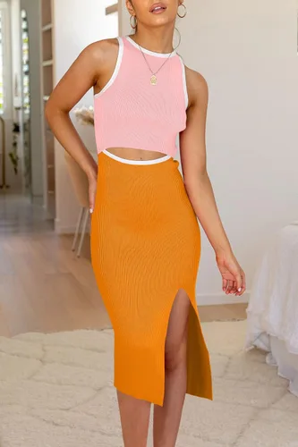Vista 3 de PRETTYGARDEN Vestido de verano por debajo de la rodilla para mujer, casual, cuello redondo, abertura lateral, sin mangas, de punto, calado