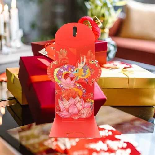 Vista 2 de Vaguelly Sobres rojos de año nuevo 3D 2024, 4 unidades, loto chino, carácter, año del dragón, Fengshui, Fortuna, sobre Hong Bao Lucky Money Red