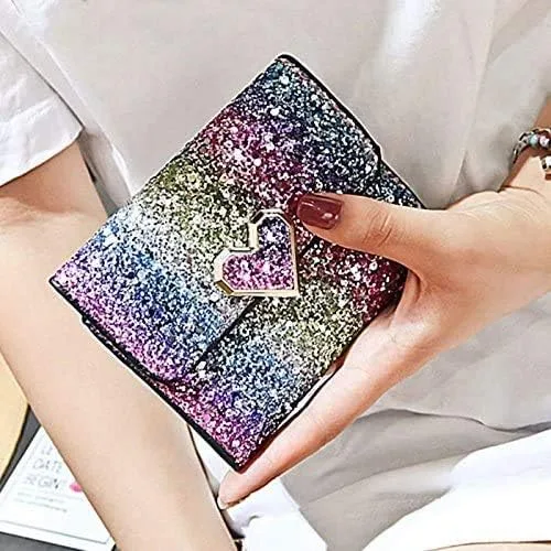 Vista 4 de Monedero pequeño con purpurina multicolor para niñas, con botón de corazón, tarjeta, monedero para niñas, Multi