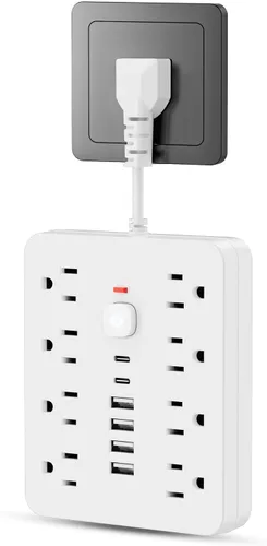 Vista 9 de Regleta de alimentación con protector de sobretensiones - Chiefway Enchufe de pared con múltiples tomas y 8 salidas de CA, 6 puertos USB (2 USB C)