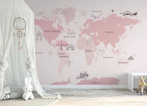 Vista 3 de Murwall For Girls Pink World Map Wallpaper Cartoon Pink Maps Wall Murals For Nursery Wall Print Girls Boys Bedroom Childroom