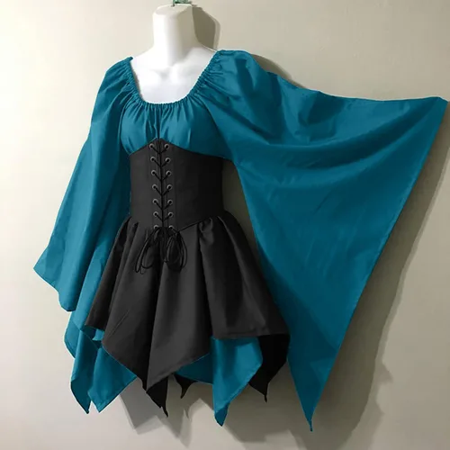 Vista 2 de XUNRYAN Vestido renacentista para mujer con falda corsé, vestido de lujo irlandés, disfraz medieval de Halloween, vestido de hadas de elfo, Negro