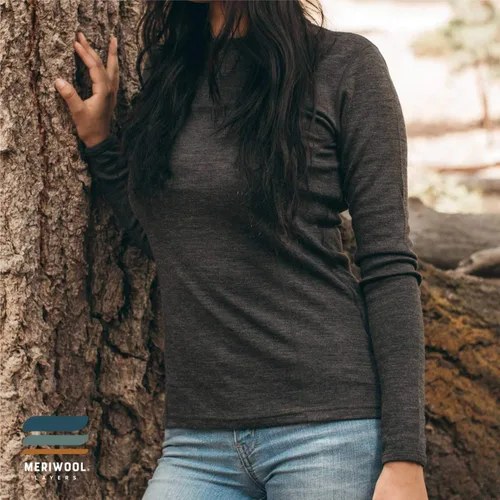 Vista 5 de MERIWOOL Camiseta térmica de manga larga para mujer, 100% lana merina, peso medio, para mujer