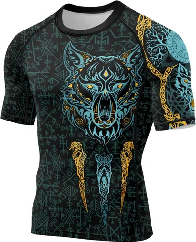 Vista 2 de Viking Tatoo - Camisas de compresión de manga corta para hombres BJJ MMA Grappling Base Layer