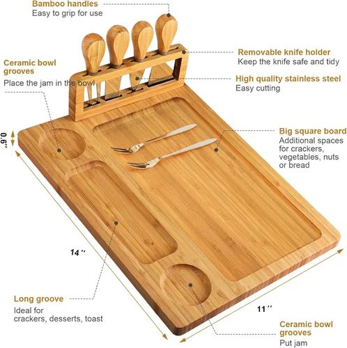 Vista 3 de Juego de tablas de queso de bambú, tablas de charcutería y plato de carne para servir, bandeja de queso con 4 cuchillos de queso de acero