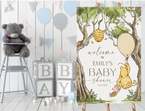 Vista 3 de Winnie The Pooh - Letrero de bienvenida personalizado para bebé, decoraciones clásicas para baby shower