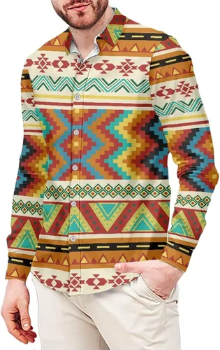 Vista 15 de Camisas aztecas con botones para hombre, vintage, nativo americano, patrón tribal nación, manga larga, camisa de talla grande para hombre