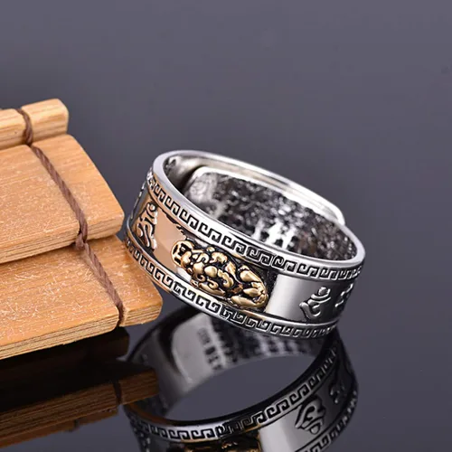 Vista 3 de Anillo ajustable de plata 990 Feng Shui PiXiu Mani Mantra Protección Wealth Ring