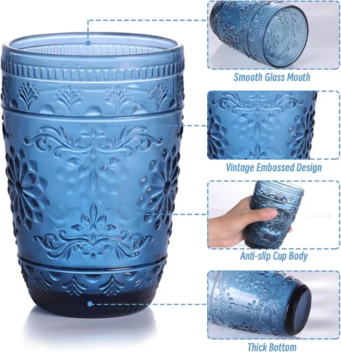 Vista 6 de abrwyy 6 vasos de vidrio de 14 onzas, vasos azules para beber, juego de cristalería de colores para fiestas, bodas, hogar, oficina, agua, jugo