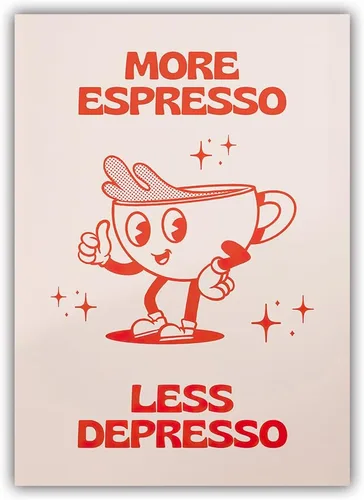 Vista 10 de Póster retro con texto en inglés «More Espresso Less Depresso», bonita taza de café de dibujos animados, citas rojas, arte de pared, divertido
