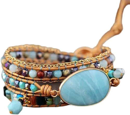 Vista 12 de Women Boho Wrap Bracelet Natural Jasper Crystal Stone Bead Strand Bracelets Marrón