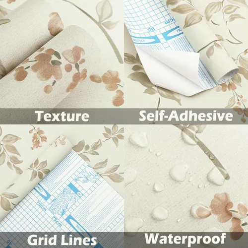 Vista 9 de Vinjiasin Papel tapiz autoadhesivo para despegar y pegar, papel de contacto floral beige, hojas de flores vintage autoadhesivo, papel de pared