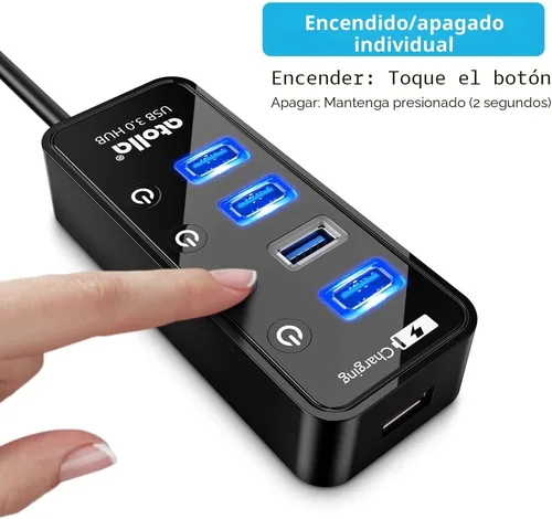 Vista 4 de Atolla Hub USB 3.0 de 4 puertos con 4 puertos de datos, 1 puerto de carga inteligente, interruptores individuales de encendido/apagado y adaptador