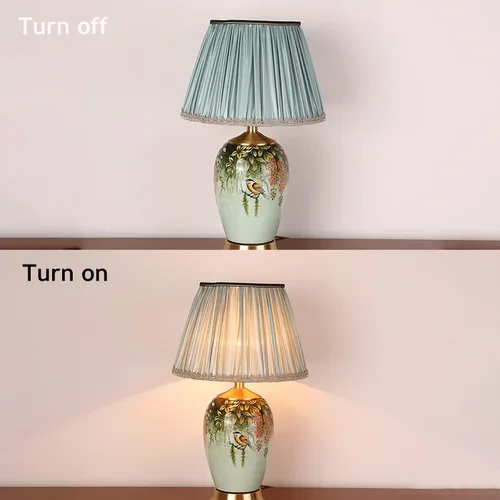 Vista 6 de Lámpara de mesa LED de cerámica pintada a mano con flores y pájaros, lámparas chinoiserie americanas, clásicas, de tela amarilla, mesita de noche