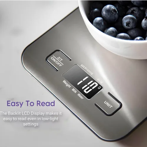 Vista 5 de Báscula digital de cocina, báscula de alimentos en gramos y onzas, precisión de 0.04 oz para cocinar, hornear y preparar comidas, acero inoxidable