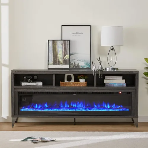 Vista 6 de AMERLIFE Soporte de TV con Chimenea de 65" con Chimenea Eléctrica de Cristal de 60", Centro de Entretenimiento Multimedia Industrial