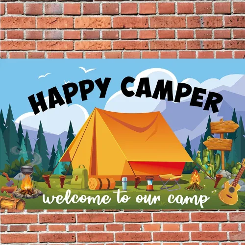 Vista 6 de Cartel de fondo de Happy Camper con 70.8 x 43.3 pulgadas, tela de poliéster grande para campamento, suministros de fotografía de fondo