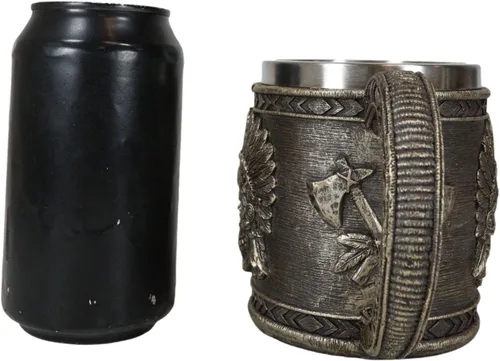 Vista 8 de Ebros Gift Nativo americano indio tribal jefe guerrero cráneo con águila cucaracha tocado y doble hacha cruzada taza de café taza de bebida jarra