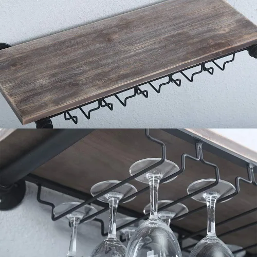 Vista 4 de Estante de vino industrial montado en la pared con soporte para 5 vidrios,Estante flotante para copas de vino,Estantería de tubo de 24 pulgadas