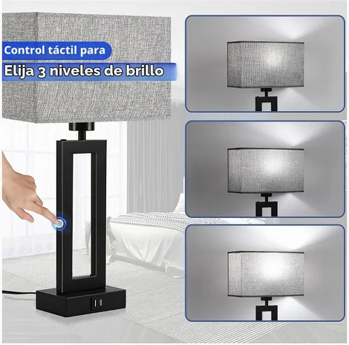 Vista 2 de Juego de 2 lámparas modernas para mesita de noche, con control táctil, USB C y A, regulables de 3 vías para dormitorios y sala de estar, gris y negro