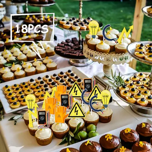 Vista 6 de 18 piezas de purpurina dorada herramientas postre magdalena decoración eléctrica liniero tema suministros de decoración niño hombre feliz cumpleaños