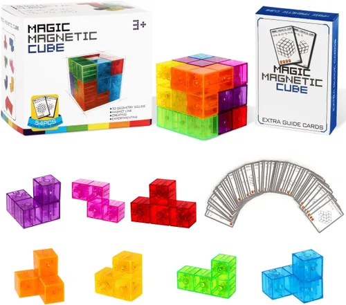 Vista 7 de Bloques de construcción magnéticos, cubos magnéticos 3D, juego de 7 bloques magnéticos multiformas con 54 tarjetas guía, desarrollo de inteligencia