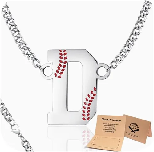 Vista 17 de QINJIEJIE Collar de béisbol inicial A-Z con letras, accesorios deportivos, colgante de encanto de béisbol, joyería de cadena de acero inoxidable 2-P