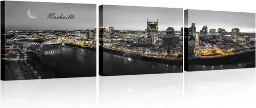 Vista 46 de 3 paneles de Atlanta Skyline vista de la ciudad en blanco y negro, imágenes panorámicas de edificio de ciudad, decoración de pared para sala
