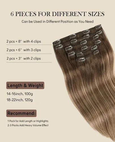 Vista 79 de VINBAO Extensiones de cabello humano con clip, balayage, color marrón ceniza a rubio caramelo, 14 pulgadas, 6 unidades, 3.53 onzas, 6