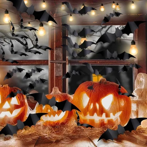 Vista 4 de Kit de decoración de papel de pared de murciélago volador negro, 1 unidad, espeluznante y elegante, perfecto para fiestas de Halloween y decoración