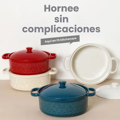 Vista 7 de FUN ELEMENTS - Cazuela, 2 cuartos de galón, plato con relieve de encaje con tapa, de cerámica para ir del horno a la mesa, asas redondas para servir