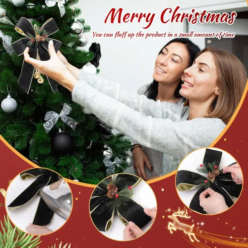 Vista 5 de Yinkin Corona de Árbol de Navidad Lazo Lazos de Cinta de Navidad con Campanas 11 x 7.8 pulgadas Terciopelo Cono de Pino Lazo Adornos Colgantes