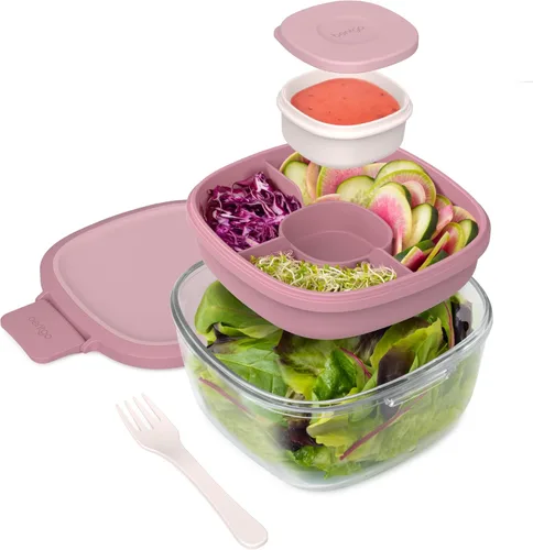Vista 15 de Bentgo Recipiente de Ensalada de Vidrio Todo en Uno - Ensaladera Grande de 61 oz con Tapa, Bandeja Estilo Bento de 4 Compartimentos, Recipiente