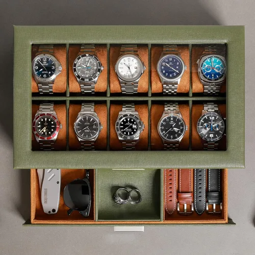 Vista 3 de ROTHWELL Caja de reloj de 10 ranuras en cuero con cajón de valet organizador de exhibición de lujo con forro de microgamuza ultrasuave soporte